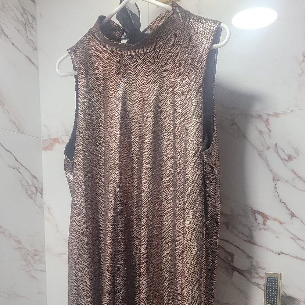 Signature by Robbie Bee Gold Lamé Sleeveless Dress, Black Organza Tie in Back, x